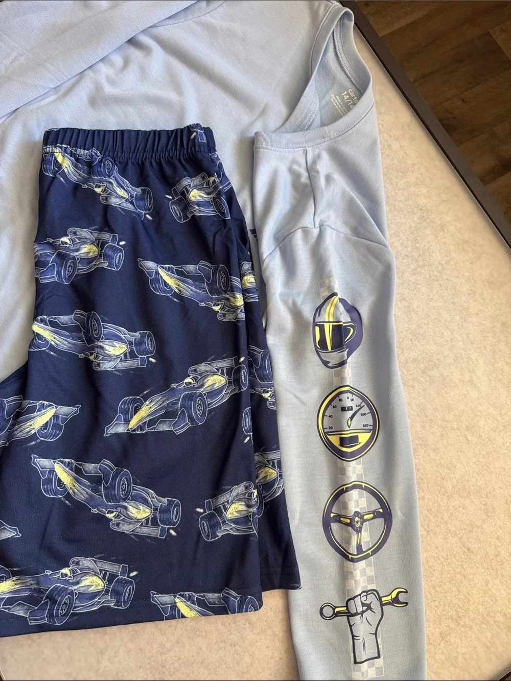 Carter’s Kids Pit Crew Graphic Light Blue PJS with Navy Racecar Shorts size 14
